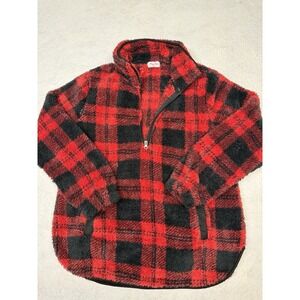 NWOT Pink Lily Women's Red Black Plaid Quarter Zip Faux Fur Sherpa Fleece Size M